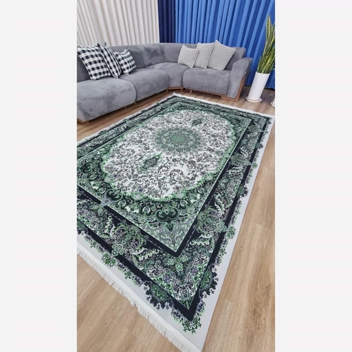 فرشینه | فرش چاپی برند حسن نیا هازان ترک زمینه سبز و سفید کد h556 (پس کرایه) فرشینه | فرش چاپی برند حسن نیا هازان ترک زمینه سبز و سفید کد h556 (پس کرایه) - Image 5