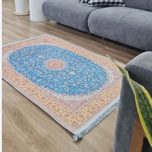 فرشینه | فرش چاپی برند حسن نیا چاپی مخمل طرح ابریشمی آبی 150 در 225 کد A014 (پس کرایه) فرشینه | فرش چاپی برند حسن نیا چاپی مخمل طرح ابریشمی آبی 150 در 225 کد A014 (پس کرایه) - Image 2