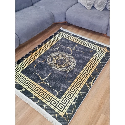 فرشینه | فرش چاپی برند حسن نیا مخمل طرح ورساچه مشکی طلایی کد h481(پس کرایه) فرشینه | فرش چاپی برند حسن نیا مخمل طرح ورساچه مشکی طلایی کد h481(پس کرایه)