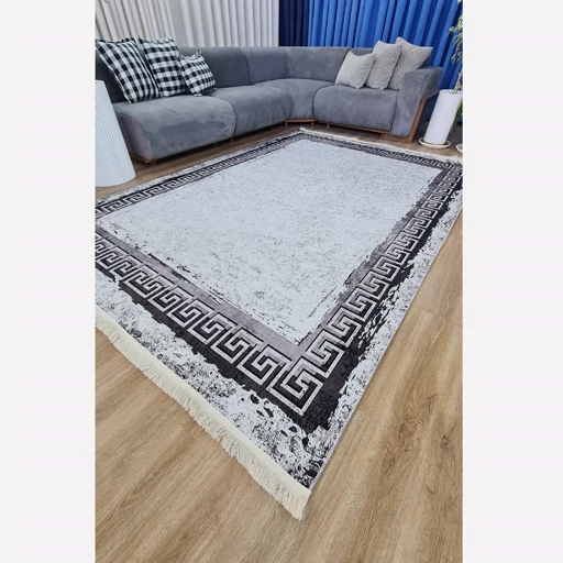 فرشینه | فرش چاپی برند حسن نیا چاپی مخمل مدرن ورساچه سفید مشکی h451 (پس کرایه) فرشینه | فرش چاپی برند حسن نیا چاپی مخمل مدرن ورساچه سفید مشکی h451 (پس کرایه) - Image 6