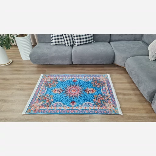 فرشینه | فرش چاپی برند حسن نیا چاپی هازان ترک طرح ابریشمی آبی سنتی کد 015 (پس کرایه) فرشینه | فرش چاپی برند حسن نیا چاپی هازان ترک طرح ابریشمی آبی سنتی کد 015 (پس کرایه) - Image 6
