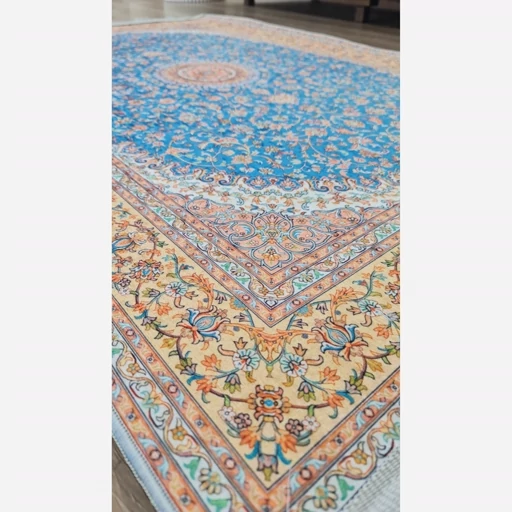 فرشینه | فرش چاپی برند حسن نیا چاپی مخمل طرح ابریشمی آبی 150 در 225 کد A014 (پس کرایه) فرشینه | فرش چاپی برند حسن نیا چاپی مخمل طرح ابریشمی آبی 150 در 225 کد A014 (پس کرایه) - Image 4