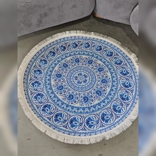 فرشینه | فرش چاپی برند حسن نیا چاپی گرد رنگ آبی مخمل هازان تُرک کد D123 (پس کرایه) فرشینه | فرش چاپی برند حسن نیا چاپی گرد رنگ آبی مخمل هازان تُرک کد D123 (پس کرایه) - Image 6