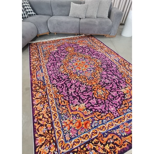 فرشینه | فرش چاپی برند حسن نیا چاپی مخمل سنتی بنفش نارنجی کد 029 (پس کرایه) فرشینه | فرش چاپی برند حسن نیا چاپی مخمل سنتی بنفش نارنجی کد 029 (پس کرایه)