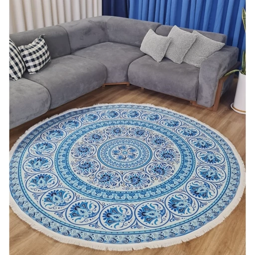 فرشینه | فرش چاپی برند حسن نیا چاپی گرد رنگ آبی مخمل هازان تُرک کد D123 (پس کرایه) فرشینه | فرش چاپی برند حسن نیا چاپی گرد رنگ آبی مخمل هازان تُرک کد D123 (پس کرایه)