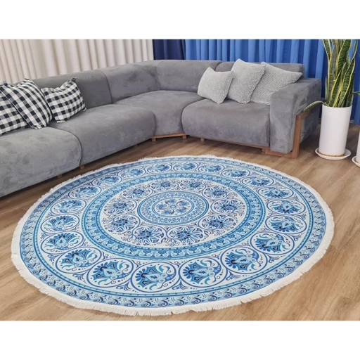 فرشینه | فرش چاپی برند حسن نیا چاپی گرد رنگ آبی مخمل هازان تُرک کد D123 (پس کرایه) فرشینه | فرش چاپی برند حسن نیا چاپی گرد رنگ آبی مخمل هازان تُرک کد D123 (پس کرایه) - Image 8