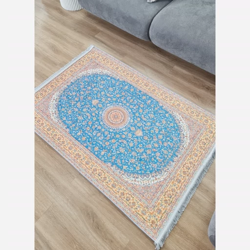 فرشینه | فرش چاپی برند حسن نیا چاپی مخمل طرح ابریشمی آبی 150 در 225 کد A014 (پس کرایه) فرشینه | فرش چاپی برند حسن نیا چاپی مخمل طرح ابریشمی آبی 150 در 225 کد A014 (پس کرایه) - Image 5