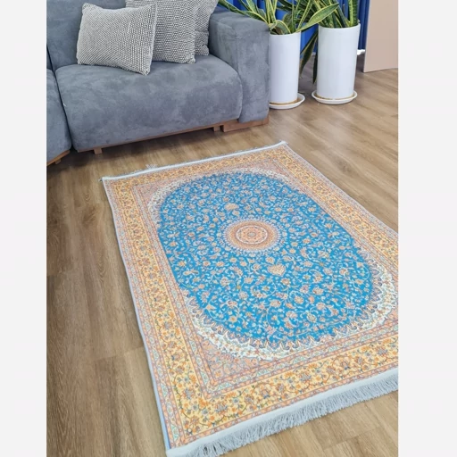 فرشینه | فرش چاپی برند حسن نیا چاپی مخمل طرح ابریشمی آبی 150 در 225 کد A014 (پس کرایه) فرشینه | فرش چاپی برند حسن نیا چاپی مخمل طرح ابریشمی آبی 150 در 225 کد A014 (پس کرایه) - Image 7