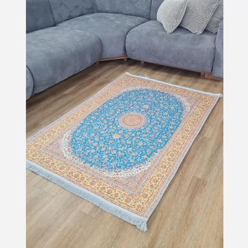 فرشینه | فرش چاپی برند حسن نیا چاپی مخمل طرح ابریشمی آبی 150 در 225 کد A014 (پس کرایه) فرشینه | فرش چاپی برند حسن نیا چاپی مخمل طرح ابریشمی آبی 150 در 225 کد A014 (پس کرایه) - Image 8