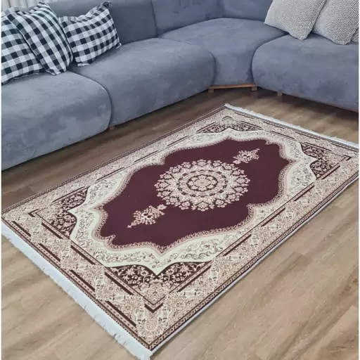 فرشینه | فرش چاپی برند حسن نیا چاپی هازان ترک طرح سنتی کرم زرشکی h318 (پس کرایه) فرشینه | فرش چاپی برند حسن نیا چاپی هازان ترک طرح سنتی کرم زرشکی h318 (پس کرایه) - Image 2