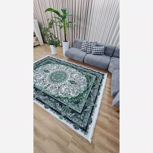 فرشینه | فرش چاپی برند حسن نیا هازان ترک زمینه سبز و سفید کد h556 (پس کرایه) فرشینه | فرش چاپی برند حسن نیا هازان ترک زمینه سبز و سفید کد h556 (پس کرایه) - Image 3