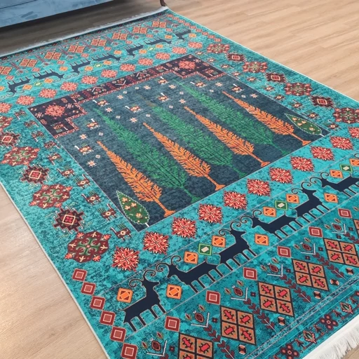 فرشینه مخمل هازان حسن نیا طرح فیروزه سبز آبی روستایی L289(پس کرایه) فرشینه مخمل هازان حسن نیا طرح فیروزه سبز آبی روستایی L289(پس کرایه) - Image 2