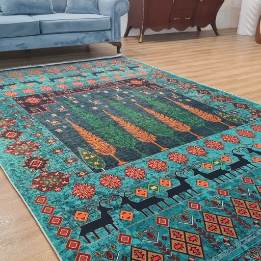 فرشینه مخمل هازان حسن نیا طرح فیروزه سبز آبی روستایی L289(پس کرایه) فرشینه مخمل هازان حسن نیا طرح فیروزه سبز آبی روستایی L289(پس کرایه)