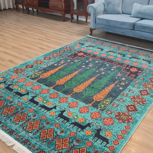 فرشینه مخمل هازان حسن نیا طرح فیروزه سبز آبی روستایی L289(پس کرایه) فرشینه مخمل هازان حسن نیا طرح فیروزه سبز آبی روستایی L289(پس کرایه) - Image 5