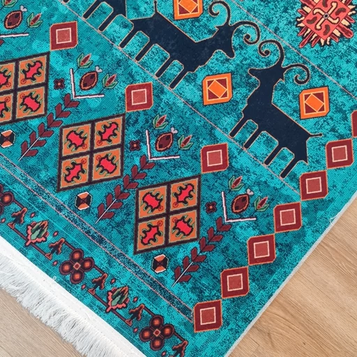 فرشینه مخمل هازان حسن نیا طرح فیروزه سبز آبی روستایی L289(پس کرایه) فرشینه مخمل هازان حسن نیا طرح فیروزه سبز آبی روستایی L289(پس کرایه) - Image 3