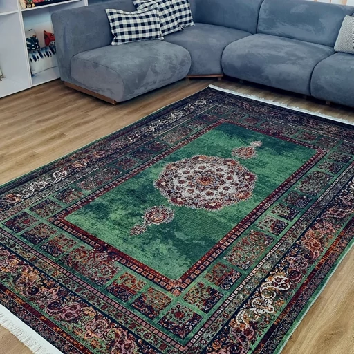 فرشینه مخمل هازان کیفیت گوشتی A+ طرح اموی سبز L553(پس کرایه) فرشینه مخمل هازان کیفیت گوشتی A+ طرح اموی سبز L553(پس کرایه) - Image 3