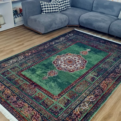 فرشینه مخمل هازان کیفیت گوشتی A+ طرح اموی سبز L553(پس کرایه) فرشینه مخمل هازان کیفیت گوشتی A+ طرح اموی سبز L553(پس کرایه) - Image 2