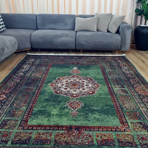 فرشینه مخمل هازان کیفیت گوشتی A+ طرح اموی سبز L553(پس کرایه) فرشینه مخمل هازان کیفیت گوشتی A+ طرح اموی سبز L553(پس کرایه) - Image 4